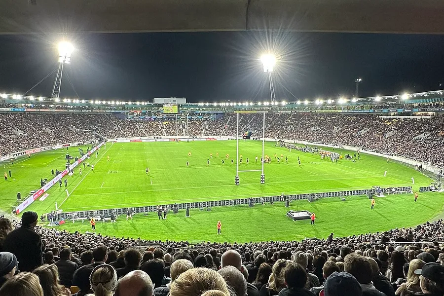Inside Wellington Regional Stadium, now Hnry Stadium, during an evening match