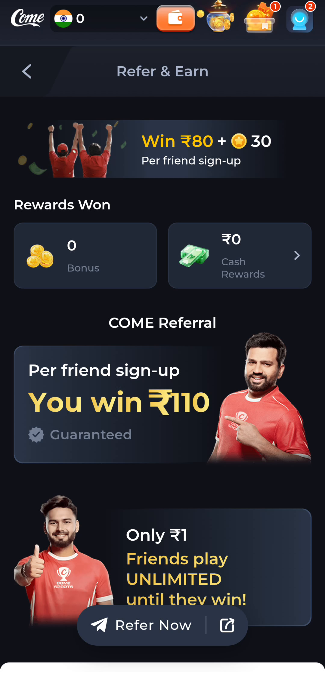 COME Refer and Earn overview with Bonus and Cash Rewards balances and a Refer Now button