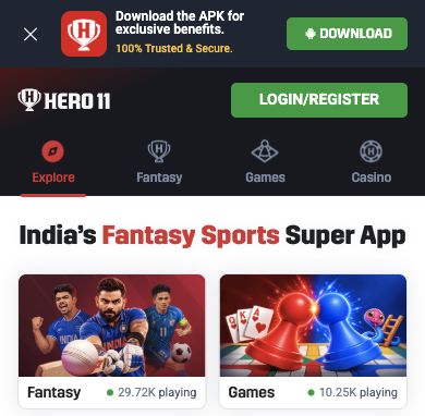 Hero11 mobile Explore screen with a dark header, green Login/Register button and separate Fantasy and Games panels