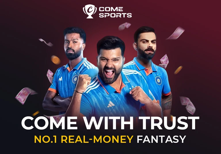 COME Sports promotional artwork with cricket players